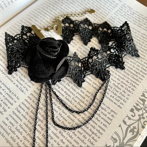 Black Lace Rose Choker Necklace Gothic Style Bead Chains - Picture 2 of 4